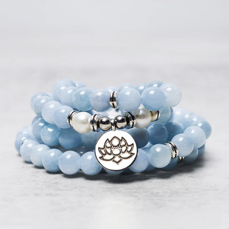 Buddha Stones 108 Mala Beads Aquamarine Healing Bracelet