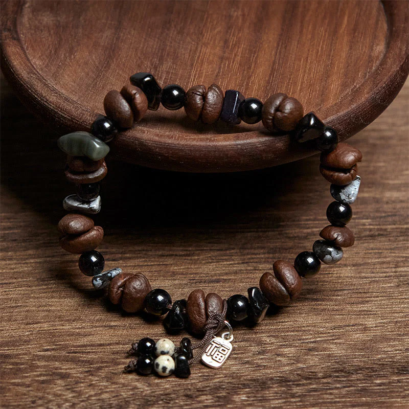 Buddha Stones Natural Coffee Beans Tiger Eye Fu Character Protection Bracelet