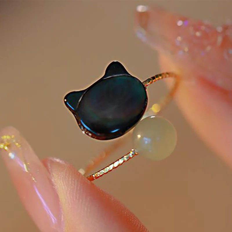 Buddha Stones Black Tridacna Stone Cat Jade Blessing Adjustable Ring