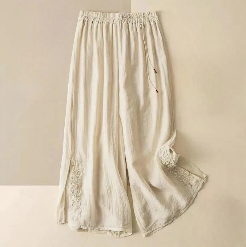 Buddha Stones Retro Casual Embroidery Design Drawstring Cotton Linen Women's Wide Leg Pants With Pockets