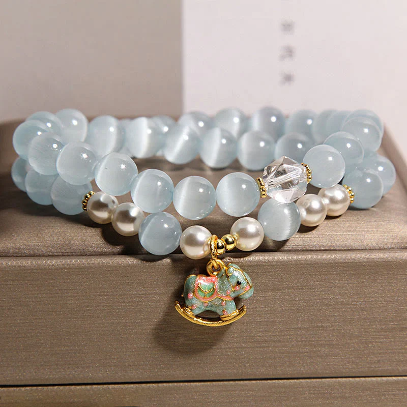 Buddha Stones Blue Cat Eye Trojan Horse Charm Support Double Wrap Bracelet