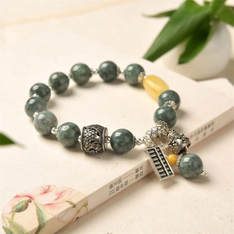 Buddha Stones 925 Sterling Silver Cyan Jade Amber Abacus Lucky Cat Success Bracelet
