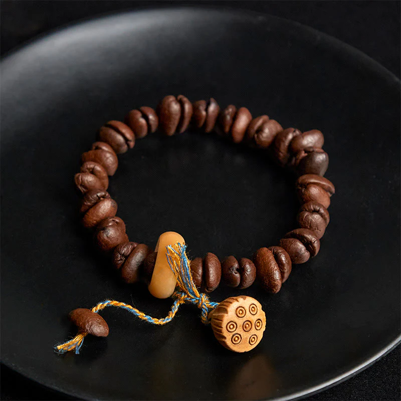 Buddha Stones Natural Lotus Seedpod Coffee Beans Wenge Wood Bodhi Seed Bracelet