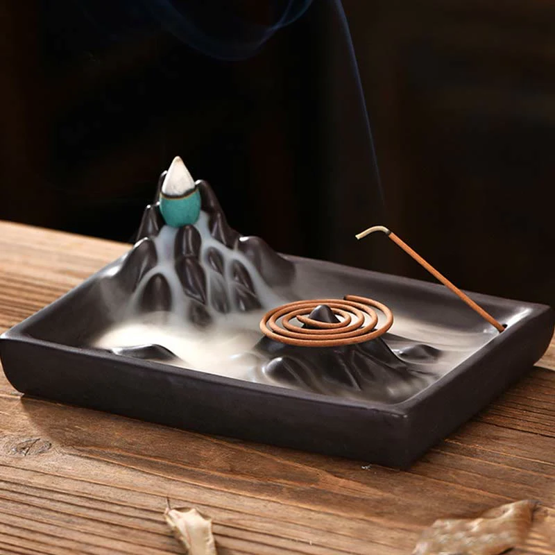 Buddha Stones Mountains Flowing Water Ceramic Blessing Backflow Incense Burner