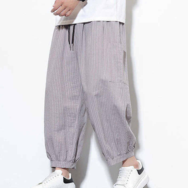Buddha Stones Casual Striped Men's Cotton 7-8 Length Harem Pants With Pockets