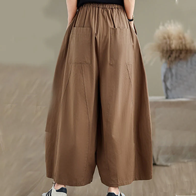 Buddha Stones Casual Plain Cotton Women's 7-8 Length Wide Leg Pants With Pockets