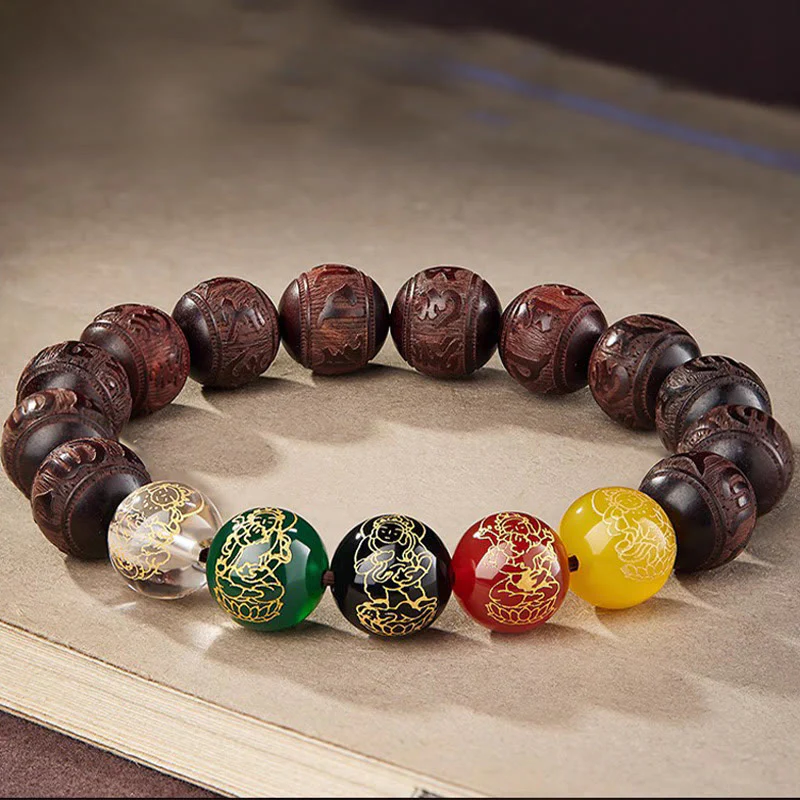 Buddha Stones Small Leaf Red Sandalwood Five Directions Gods of Wealth Calm Bracelet