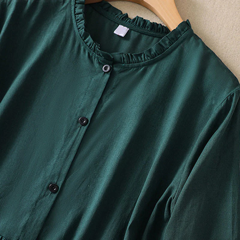 Buddha Stones DarkGreen Plain Ruffled Crew Neck Buttons Design Cotton Midi Dress With Pockets