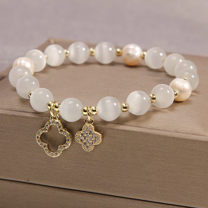 Buddha Stones Cat's Eye Lovely Cat Pattern Pearl Love Charm Bracelet