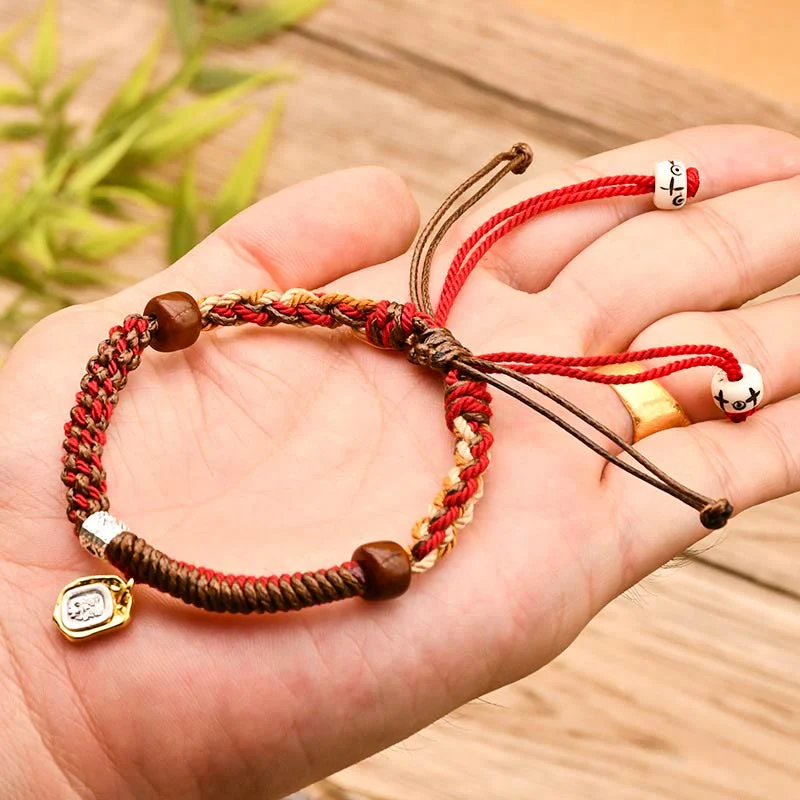 Buddha Stones Handmade Tibetan Zakiram Goddess Of Wealth Wood Protection Braided Bracelet