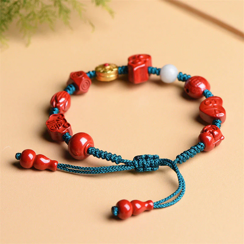Buddha Stones Natural Cinnabar Gourd Om Mani Padme Hum Laughing Buddha Blessing String Bracelet