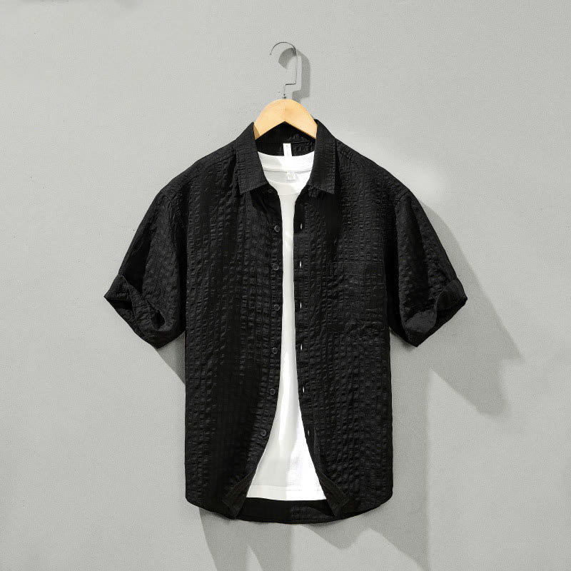 Buddha Stones Summer Solid Breathable Men's Buttons Short Sleeve Tencel Shirt