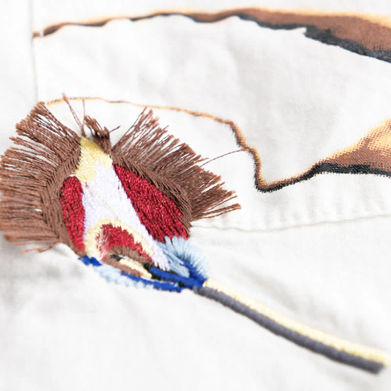 Buddha Stones Casual Embroidery Match Flame Pattern Lapel Men's Short Sleeve Cotton Shirt With Pocket