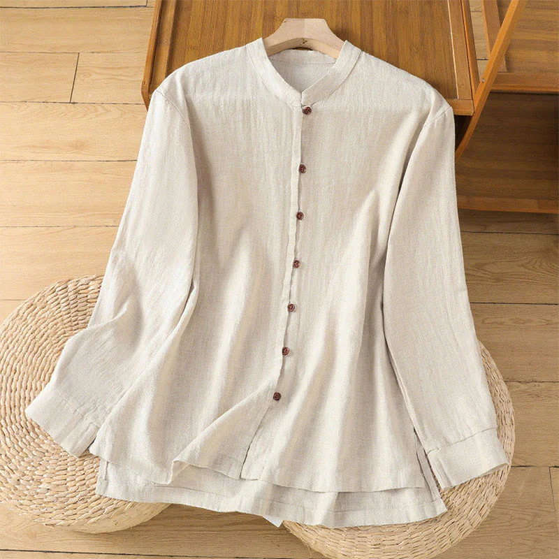 Buddha Stones Spring Solid Color Simple Hem Slit Design Cotton Linen Women's Shirt
