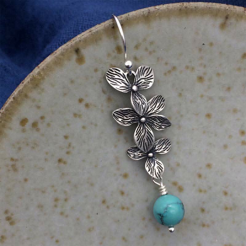 Buddha Stones 925 Sterling Silver Turquoise Lazurite Flower Leaf Serenity Protection Hook Drop Dangle Earrings