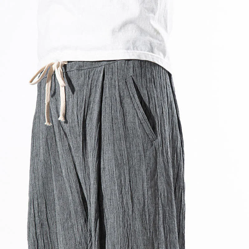 Buddha Stones Casual Plain Pleated Design Drawstring Men's Long Cotton Linen Harem Pants With Pockets
