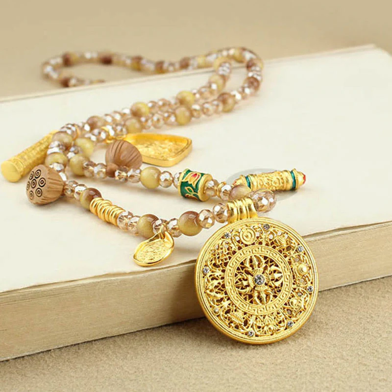Buddha Stones Tibetan Lotus Round Plate Golden Tiger Eye Beads Necklace Pendant