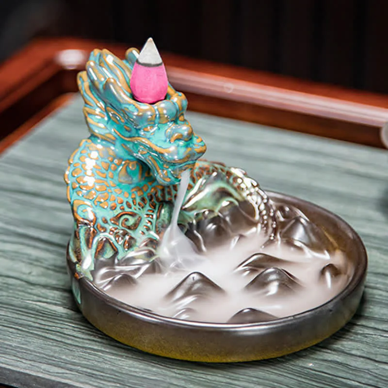 Buddha Stones Dragon Pattern Ceramic Backflow Smoke Fountain Incense Burner Decoration