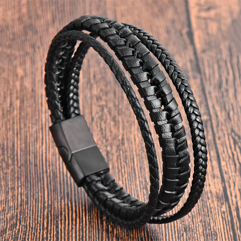 Buddha Stones Simple Braided Pattern Titanium Steel Strengthen Multi-layer Leather Buckle Bracelet