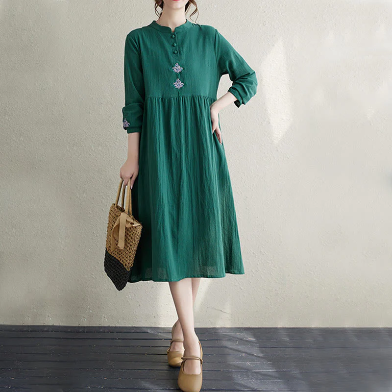 Buddha Stones Fall Ethnic Embroidery Cotton Linen Midi Dress With Pockets