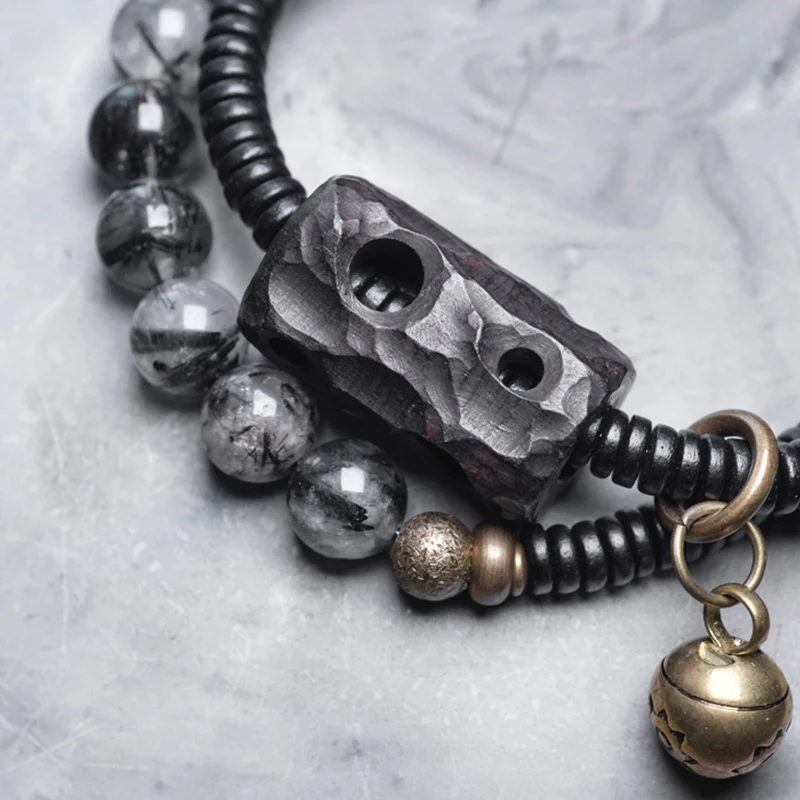 Buddha Stones Black Rutilated Quartz Ebony Wood Copper Wisdom Couple Bracelet