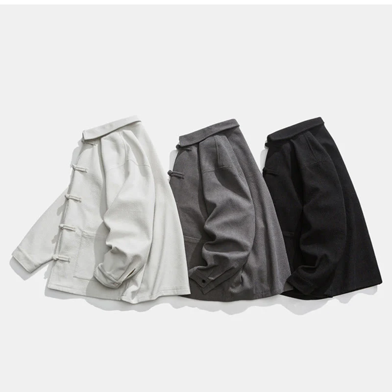 Buddha Stones Long Sleeve Frog-button Design Men's Polyester Jacket Shirt With Pockets