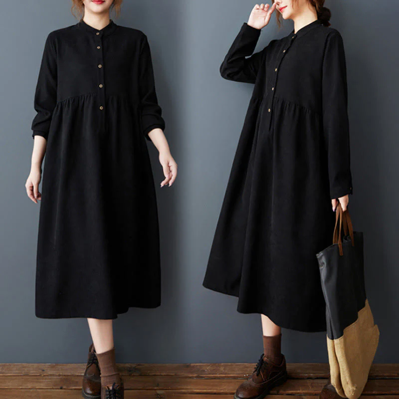 Buddha Stones Casual Plain Buttons Design Thermal Cotton Linen Midi Dress With Pockets