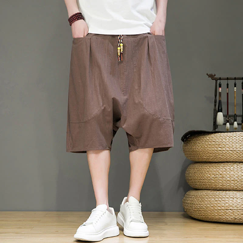Buddha Stones Casual Drawstring Cotton Linen Men's Capri Harem Pants With Pockets