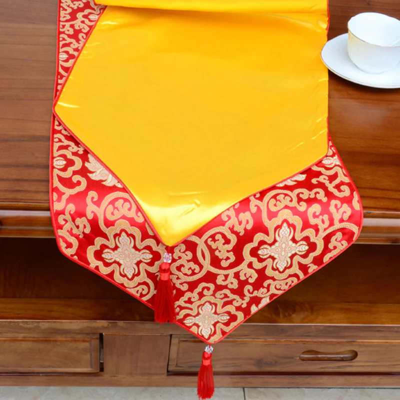 Buddha Stones Prayer Altar Flower Vajra Dragon Pattern Tibetan Auspicious Symbols Tassels Jacquard Table Runner