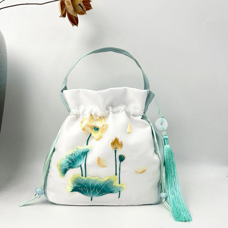 Buddha Stones Suzhou Embroidery Rabbit Lotus Epiphyllum Peony Magnolia Silk Tote Crossbody Bag Shoulder Bag Handbag