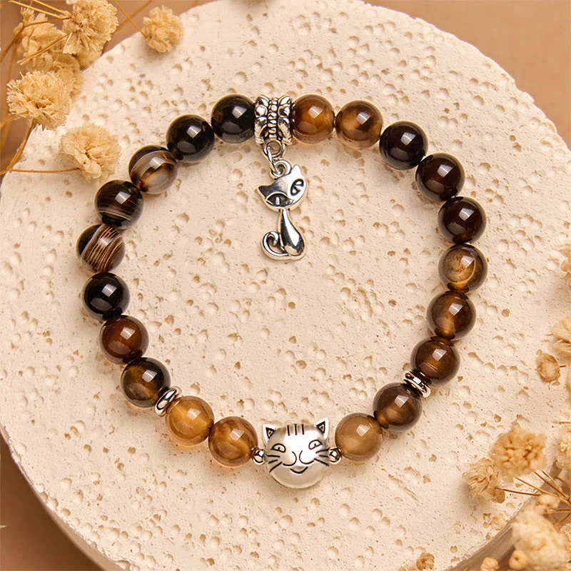 Buddha Stones Chocolate Siamese Cat Dark Brown Striped Agate Bead Protection Bracelet
