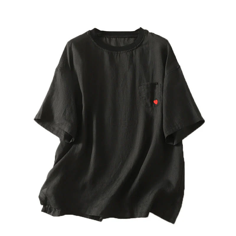 Buddha Stones Casual Embroidery Red Heart Short Sleeve Women's Cotton Linen T-Shirt