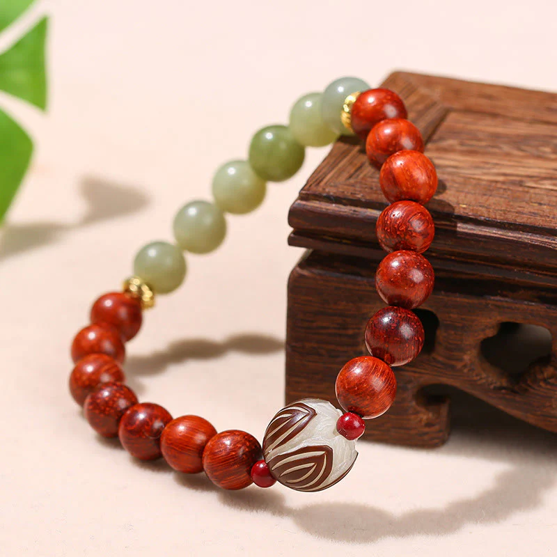 Buddha Stones Natural Rosewood Cyan Jade Bodhi Seed Lotus Warmth Calm Bracelet