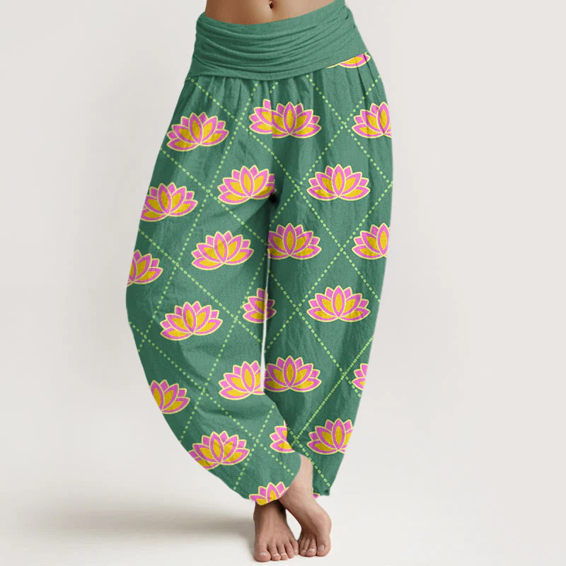 Buddha Stones Casual Vibrant Lotus Flower Pattern Women's Elastic Waist Harem Pants