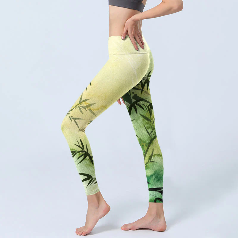 Buddha Stones Blooming Bamboo Pattern Print Gym Leggings Women's Yoga Pants