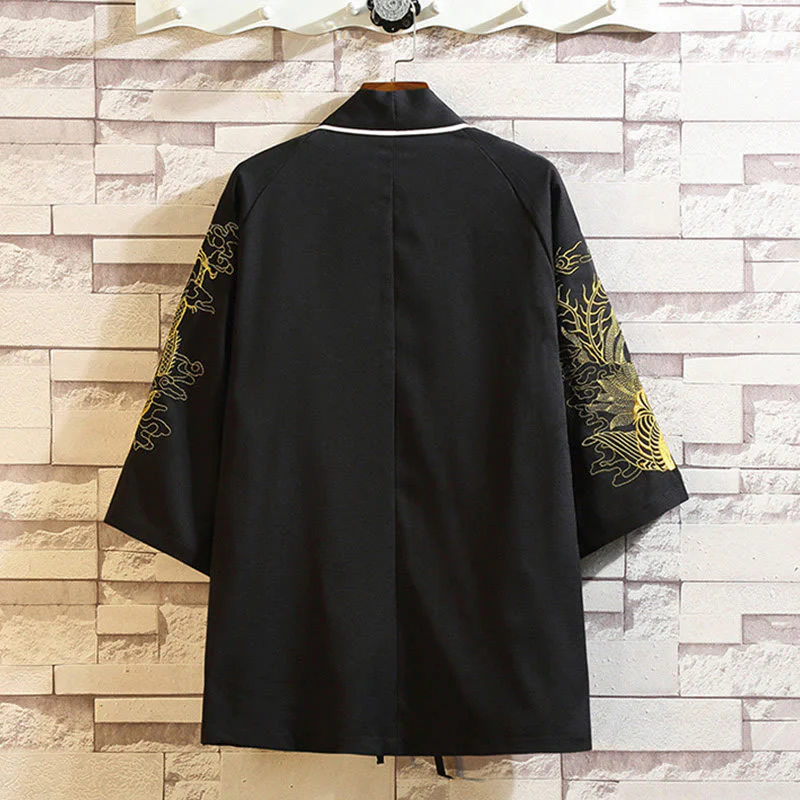 Buddha Stones Embroidery Dragon Phoenix Auspicious Cloud Waves Leaves Cranes Open Front Jacket Men's Kimono