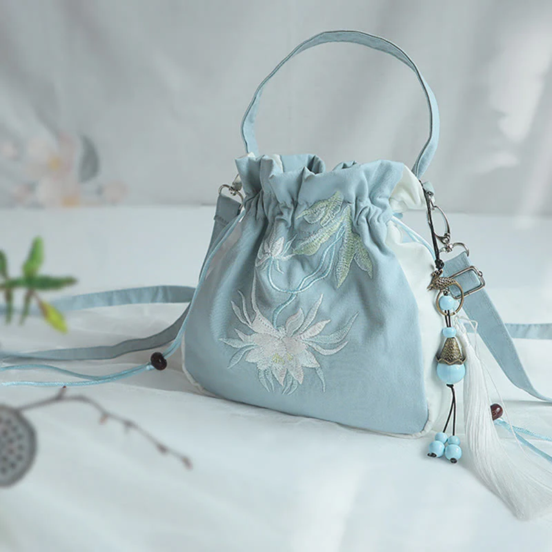 Buddha Stones Handmade Embroidered Flowers Canvas Tote Shoulder Bag Handbag