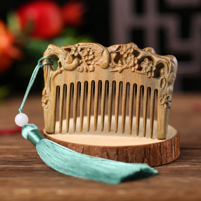 Buddha Stones Green Sandalwood Fox Peony Flower Lotus Engraved Cure Tassel Comb