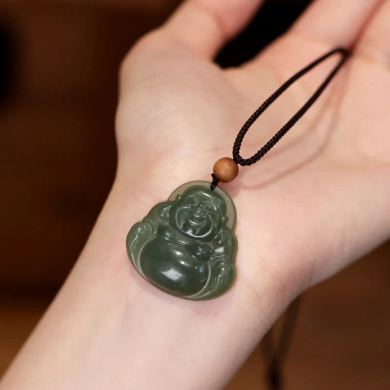 Buddha Stones Laughing Buddha Hetian Jade Healing Calm Necklace String Pendant