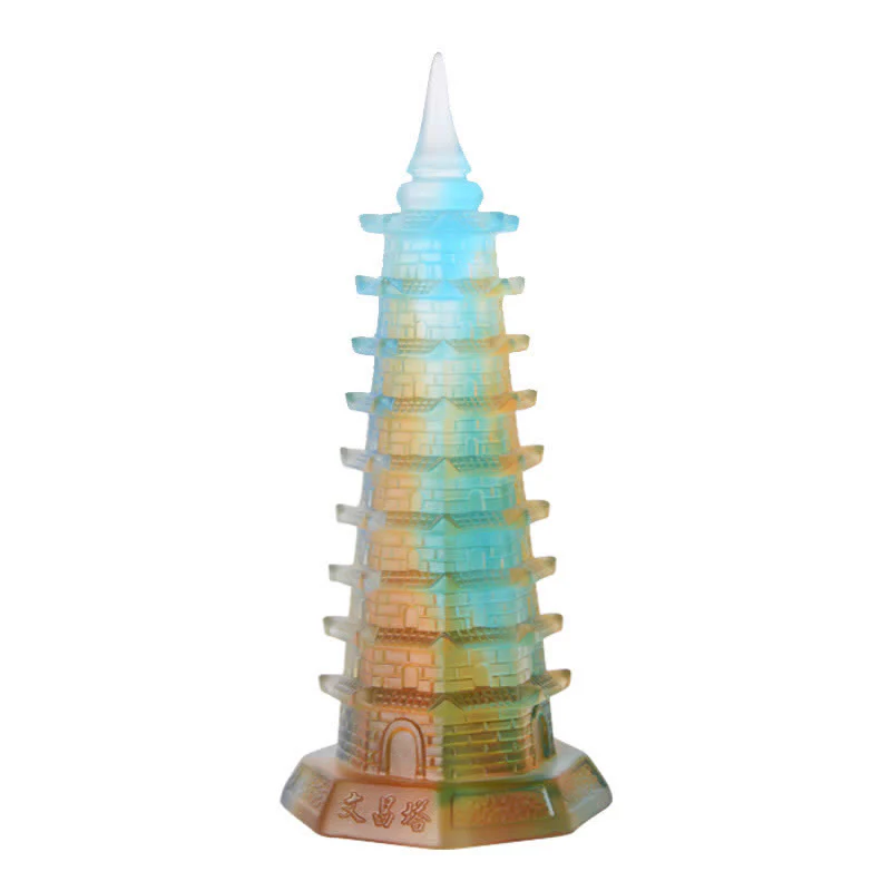 Buddha Stones Feng Shui Wenchang Tower Handmade Liuli Crystal Pagoda Art Piece Luck Home Office Decoration