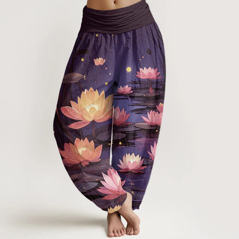 Buddha Stones Casual Peaceful Nighttime Lotus Pattern Women's Elastic Waist Harem Pants