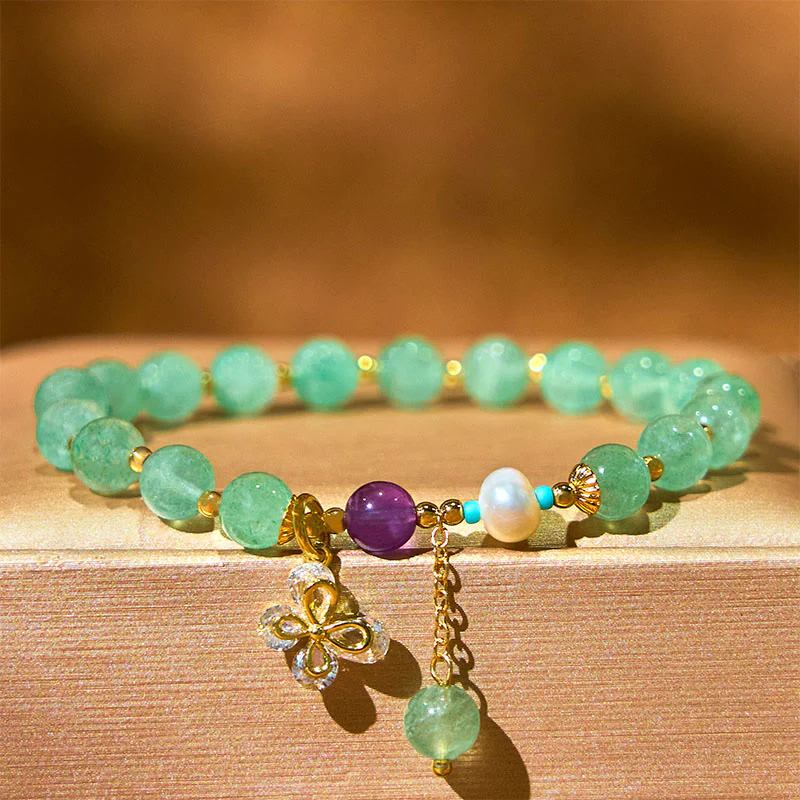 Buddha Stones Natural Strawberry Quartz Green Strawberry Quartz Butterfly Charm Love Bracelet
