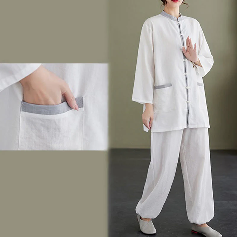 Buddha Stones 2pcs Cotton Tai Chi Shirt Top Pants Meditation Zen Clothing Women's Set