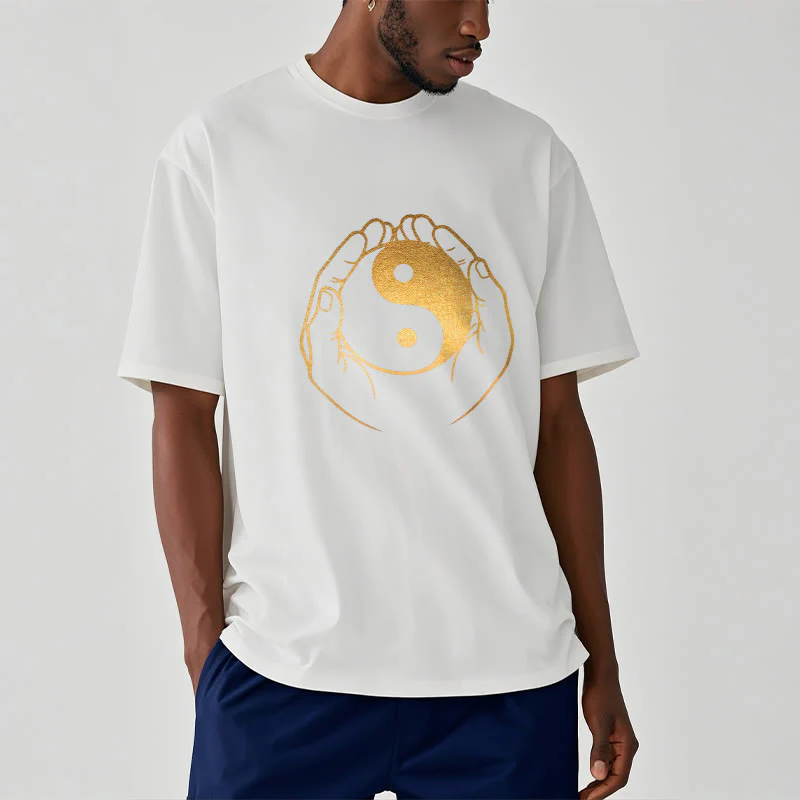 Buddha Stones Hands Holding A Golden Yin Yang Tee T-shirt