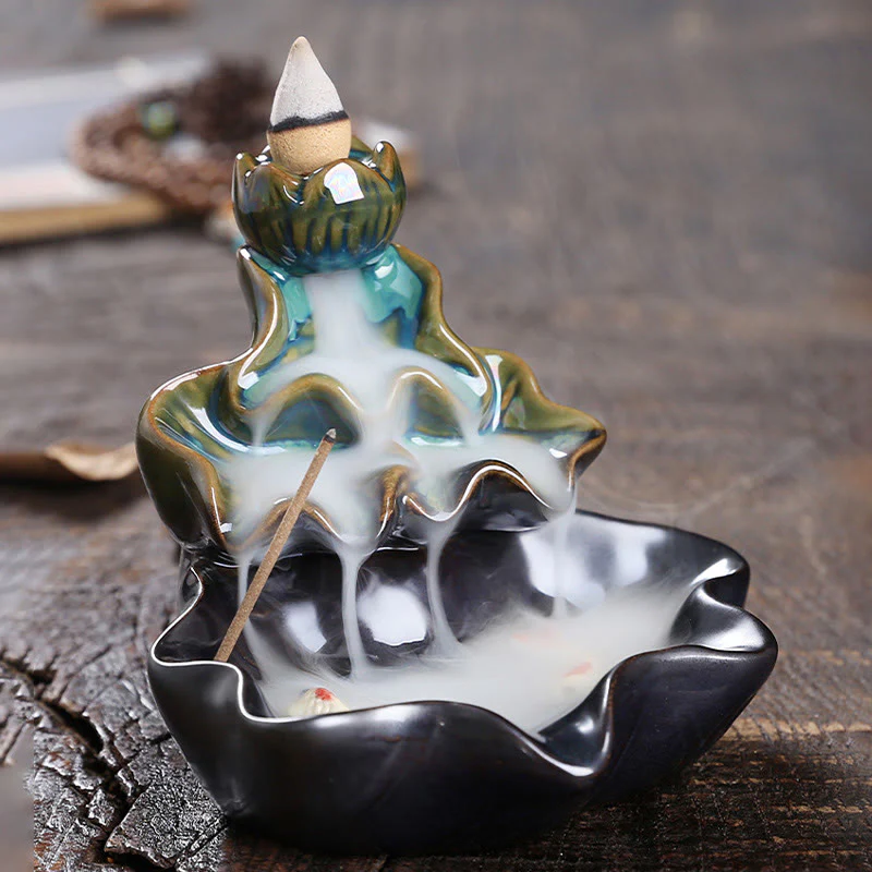 Buddha Stones Lotus Leaf Koi Fish Ceramic Backflow Smoke Fountain Peace Incense Burner Decoration