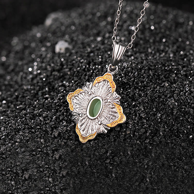Buddha Stones 925 Sterling Silver Plated Gold Hetian Cyan Jade Rhombus Design Luck Healing Necklace Pendant