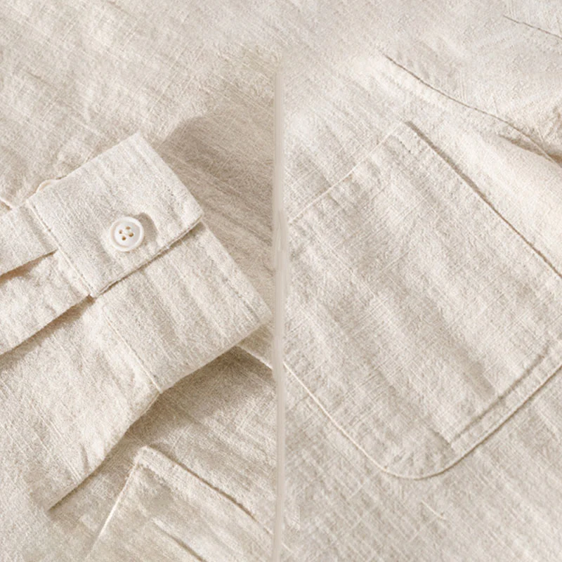 Buddha Stones Commute Men's Plain Buttons Design Cotton Linen Long Sleeve Shirt With Pockets