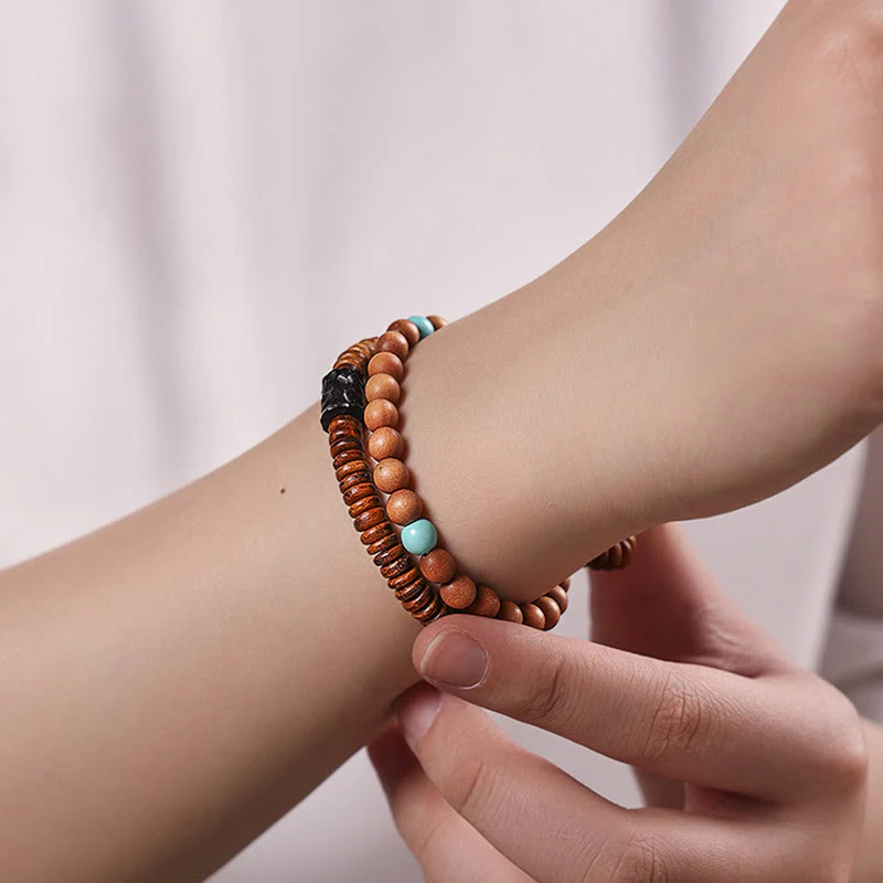 Buddha Stones Sandalwood Turquoise Protection Double Wrap Bracelet