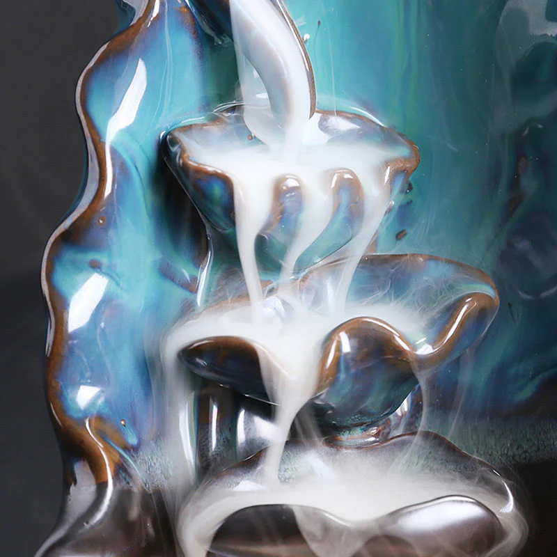 Buddha Stones Blue Lotus Leaf Ceramic Backflow Smoke Fountain Spiritual Incense Burner Decoration