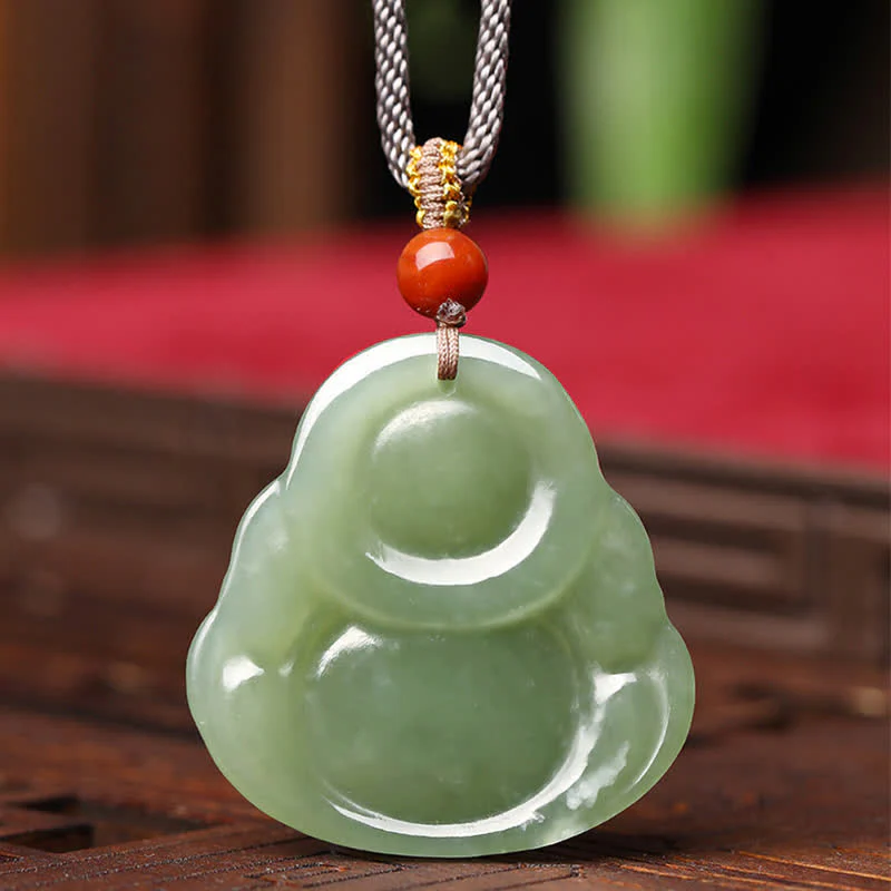 Buddha Stones Laughing Buddha Hetian Jade Abundance Necklace String Pendant